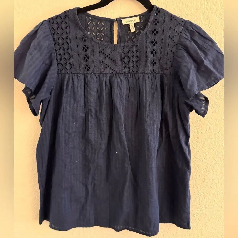 Ella Moss Blue Puff Sleeve Blouse with Bib Collar